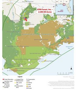 A map shows the subject property in red, with adjoining TNC properties and state park lands in purple and light green. A 2024 purchase, Cola River Land and Timber, is outlined in black. 