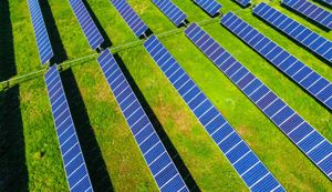 Aerial photo of rows of solar photovoltaic panels spaced apart by grass. 