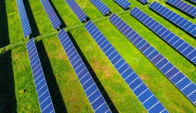 Aerial photo of rows of solar photovoltaic panels spaced apart by grass. 