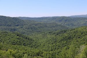 An aerial photograph features a wide view of a forested mountain valley.