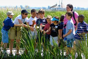 A group of kids huddled around a plant to learn.
