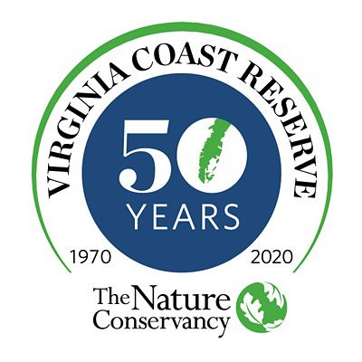 VVCR 50th anniversary logo. The words 50 years inside a blue circle. The zero in 50 is split by a green shape representing the Eastern Shore. Virginia Coast Reserve frames the top of the circle.