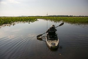 Person kayaking on lake. 
