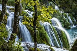Waterfall cascading through a lush forest in Croatia.