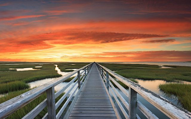 A wooden boardwalk stretches to the horizon through an open marsh of low grasses and shallow channels. The sky is streaked with orange and yellow by the setting sun.