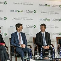 April 2014. (L to R) Marc Gunther leads a panel discussion with Mark Tercek, Joel Dobberpuhl and Rachel Kyte during the Naturevest event at the Newseum in Washington DC.