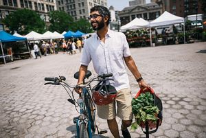 A man walks next to his bicycle in an urban farmers market; he carries a bag with leafy produce in it.