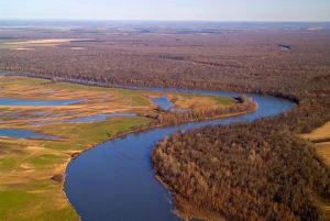 A bend in a river with fields on the left shore and forests on the right.