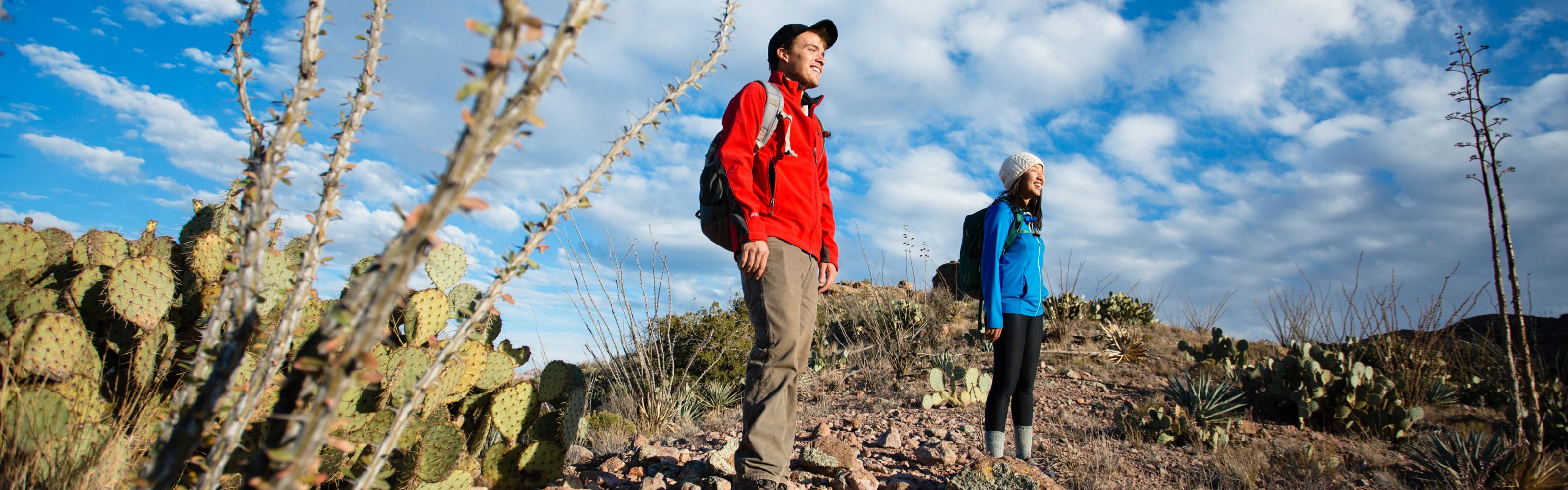 Two smiling people in hiking gear standing in a desert landscape with cactuses in the foreground.