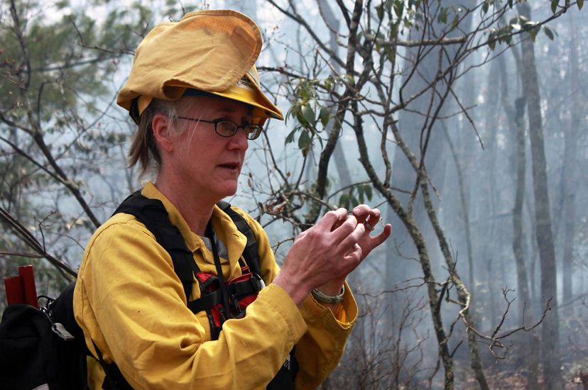 A woman wearing yellow fire retardant gear and hard hat standing in front of a tangled stand of small trees and vines. Smoke rises behind her from a controlled burn.