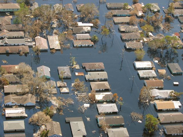 Floods ravage New Orleans neighborhood with floodwater reaching roofs.