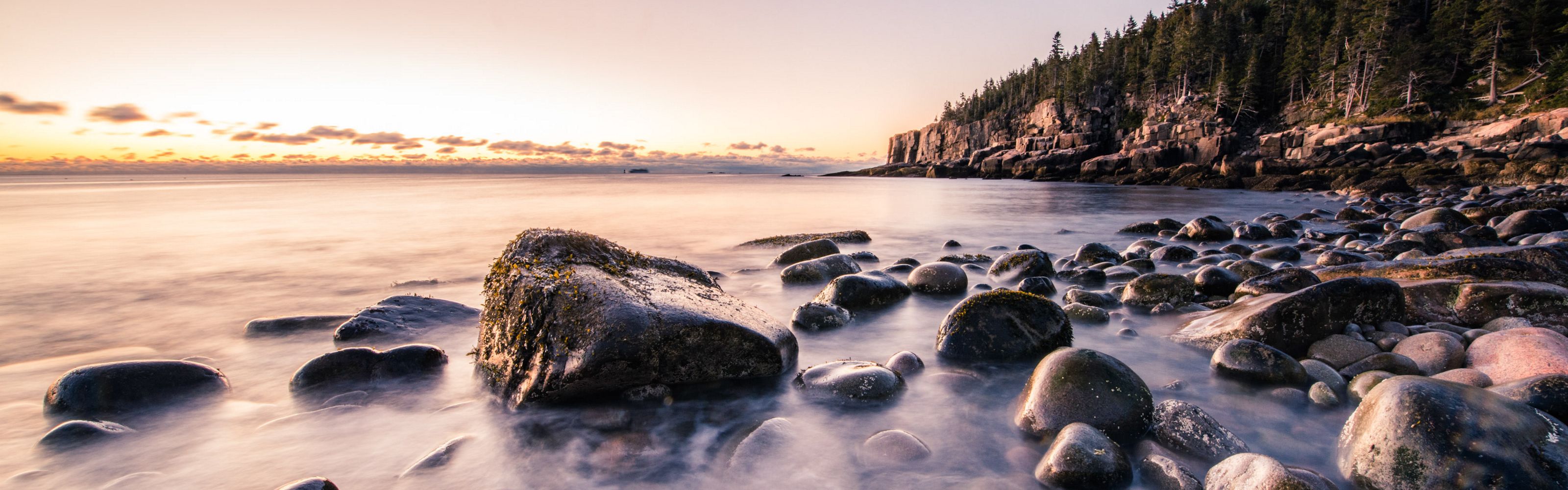 Dawn light over boulders along rugged coastline with cliffs and forest in background.