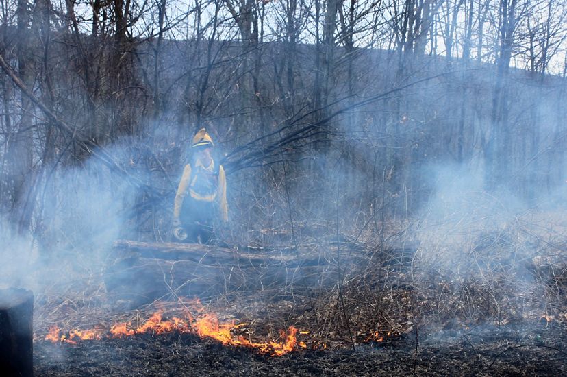 A women wearing yellow fire retardant gear monitors a small fire during a controlled burn. Smoke rises around her almost obscuring her from view.