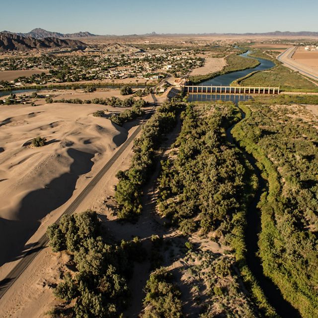 An aerial view looking North of the Morelos dam on the USA-Mexico border.