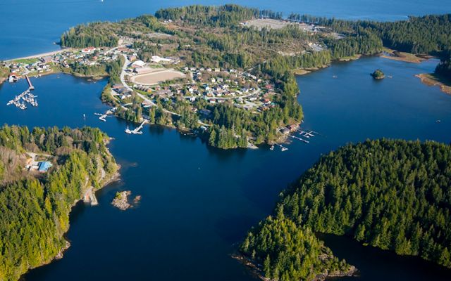 An aerial view of the Ahousaht Nation’s village in Clayoquot Sound