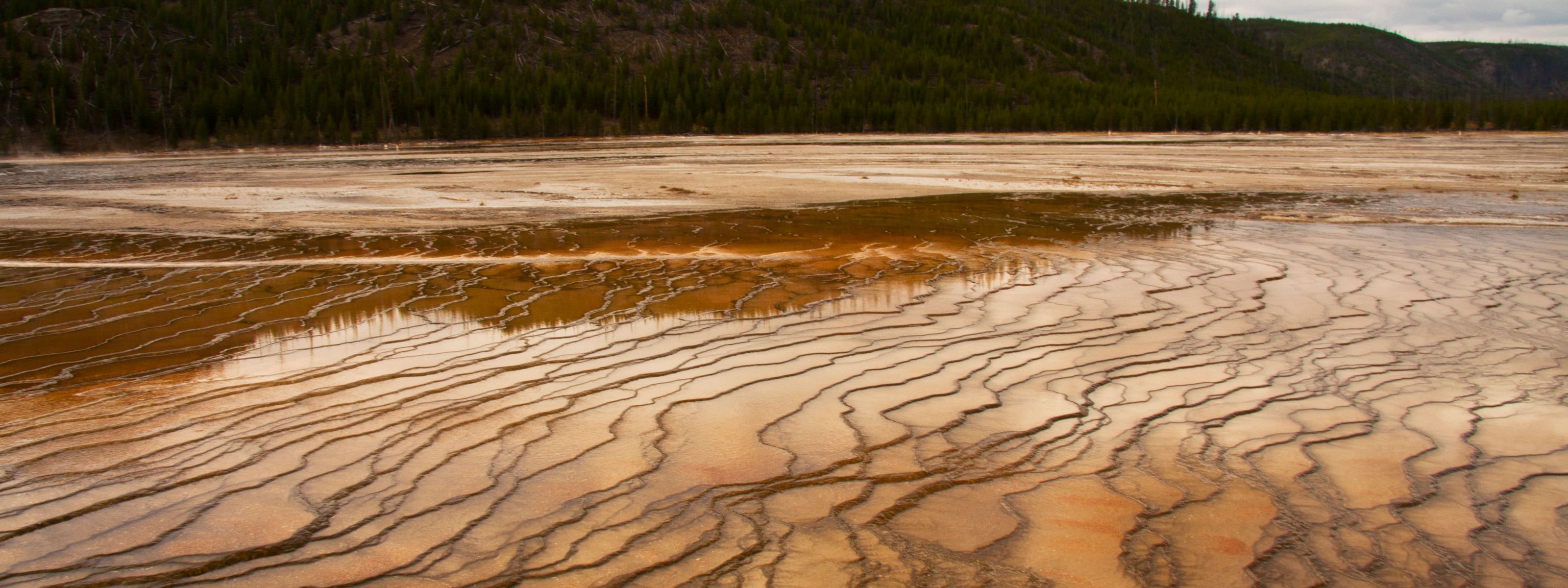 A mineral pool reflects the landscape at Yellowstone National Park.