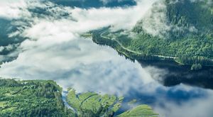 An aerial view of an estuary. 
