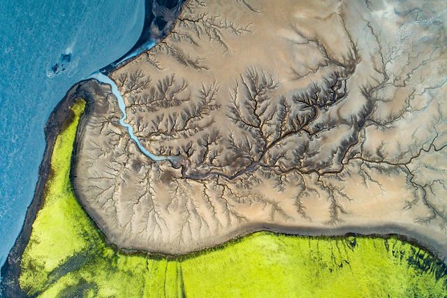 An aerial view of a river system in Iceland.