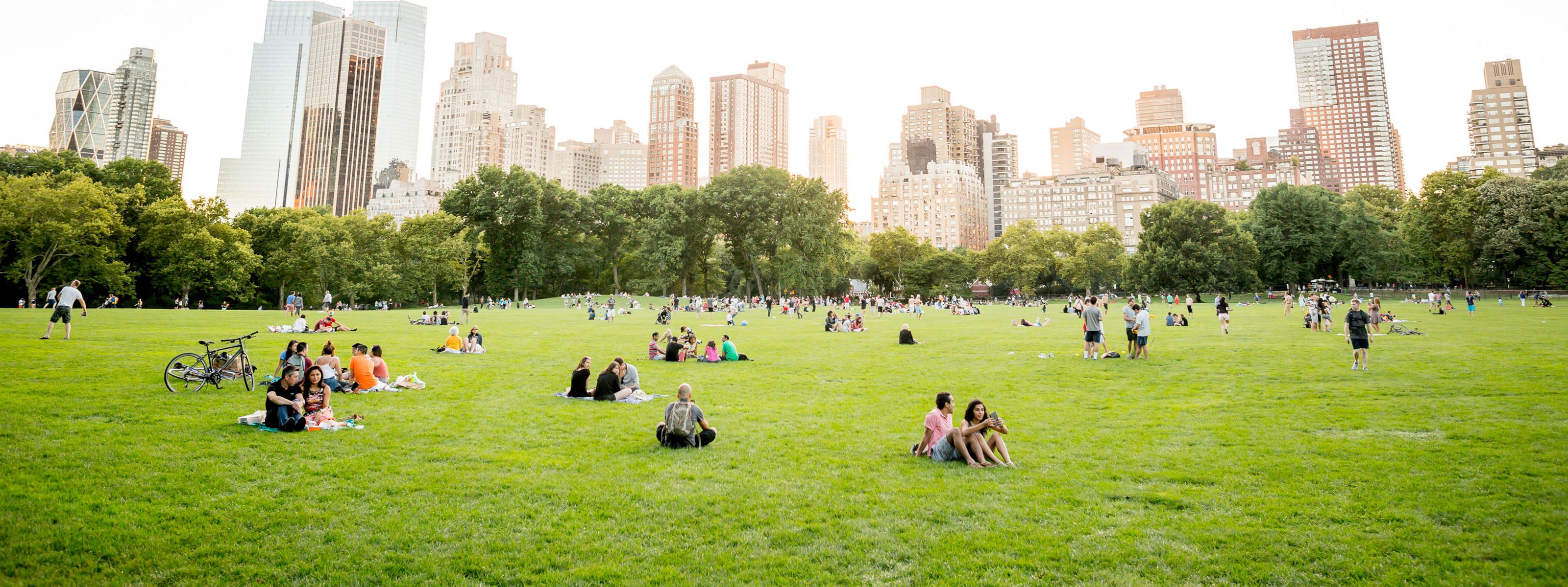New York City skyline viewed from Central Park, where many people enjoy an open grassy field in the foreground.