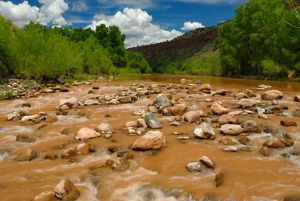 Wide-angle view of a fast-moving, but shallow muddy river.