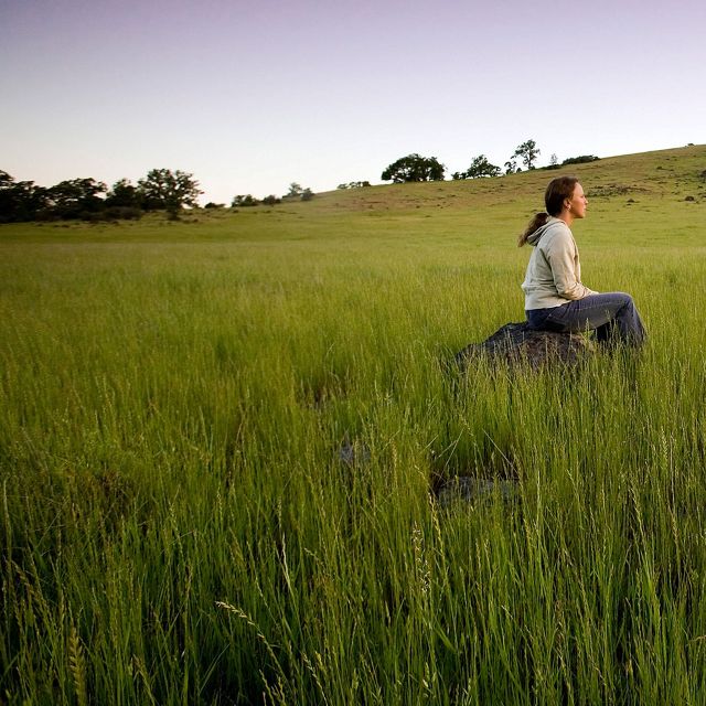 A female hiker pauses to view the lush grasslands and blue oak woodlands that characterize Dye Creek Preserve and Canyon