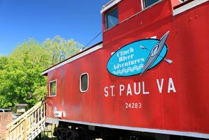 A converted railroad car serves as based of Clinch River Adventures, an outdoor outfitter based in St. Paul, Virginia.