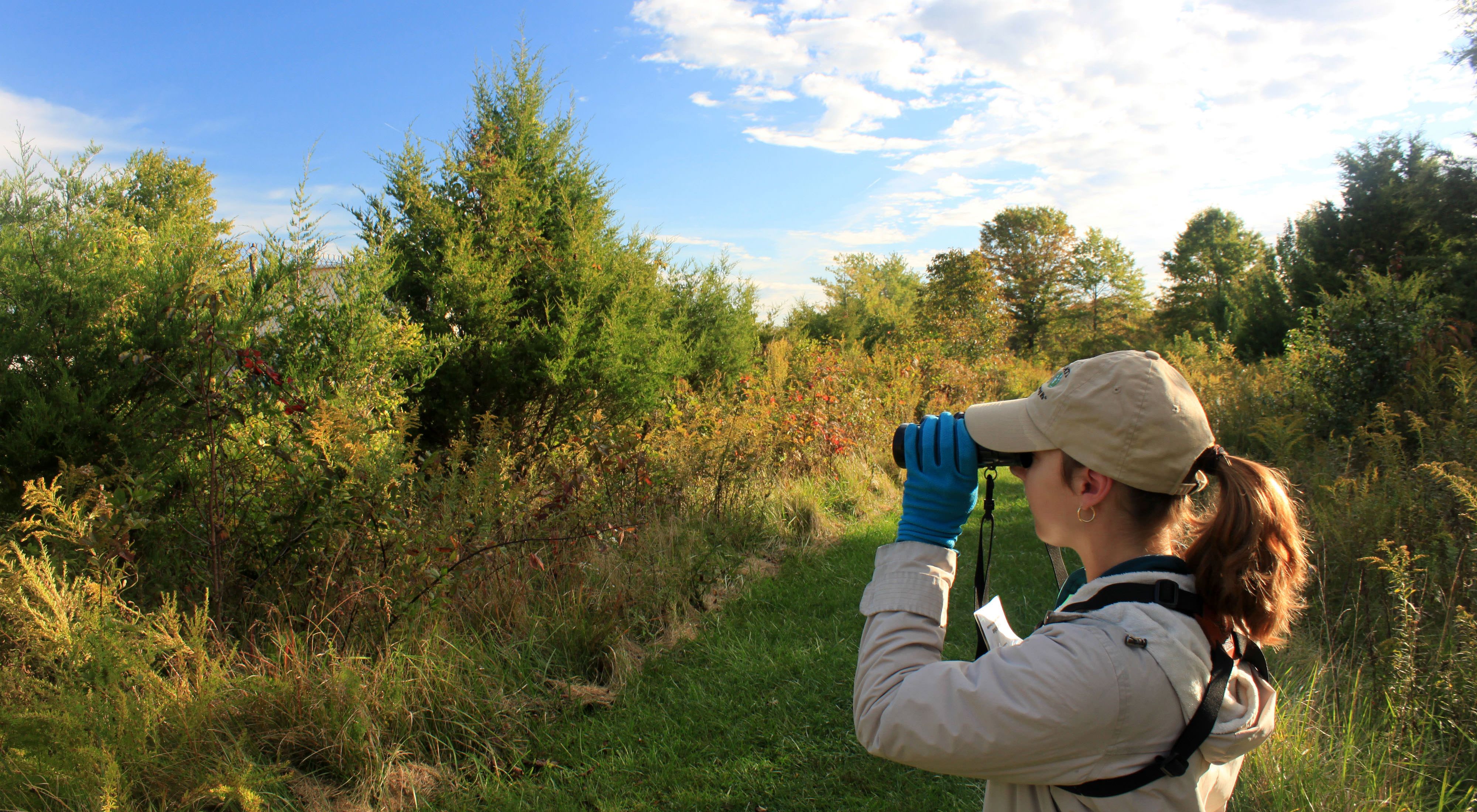 A woman with binoculars enjoys a morning bird walk.