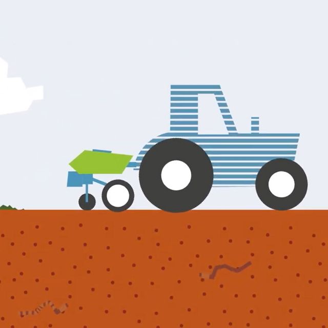 Illustration of a blue tractor driving across a field while rain falls from a cloud.