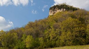 A rocky bluff with green trees along its sides stands tall with blue sky in the background.