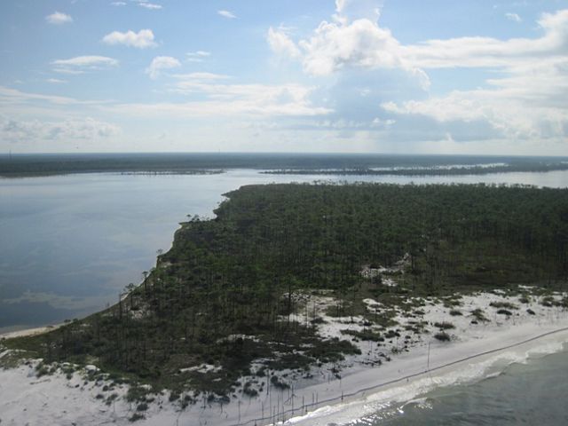 An aerial view of the coastal peninsula of Tyndall Air Forces Base with sandy beaches and pine trees with an intracoastal waterway and more green land in the background.