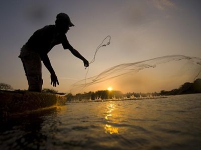 Local fishermen casting nets for fish in Colombia’s lower Magdalena River basin.