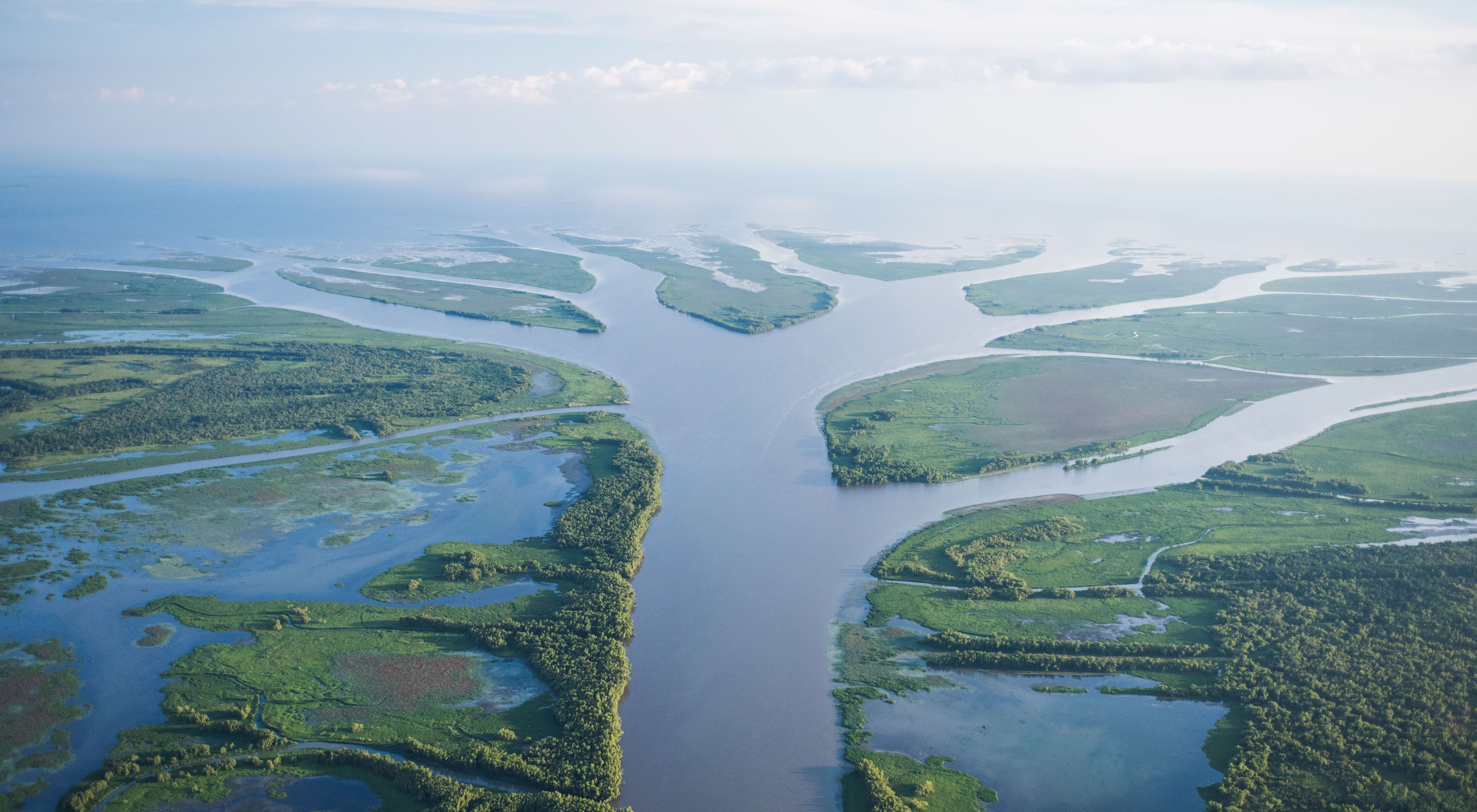 Aerial photo of the view looking south toward the Gulf of Mexico down the Wax Lake Delta, Louisiana.