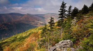 View of West Virginia mountaintops in fall colors. 