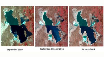A map of receding water levels in the Great Salt Lake over time.