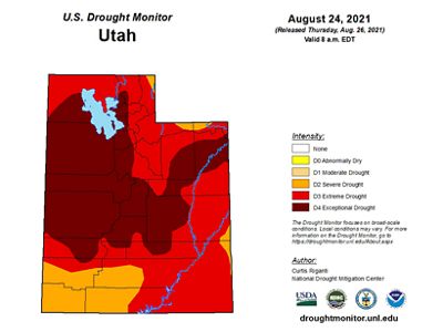A drawing of Utah showing various drought levels with the entire state in some sort of orange or red color showing that all of Utah is in a drought. 