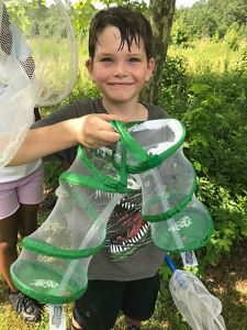 A boy holds up a butterfly trap showing what he has collected.