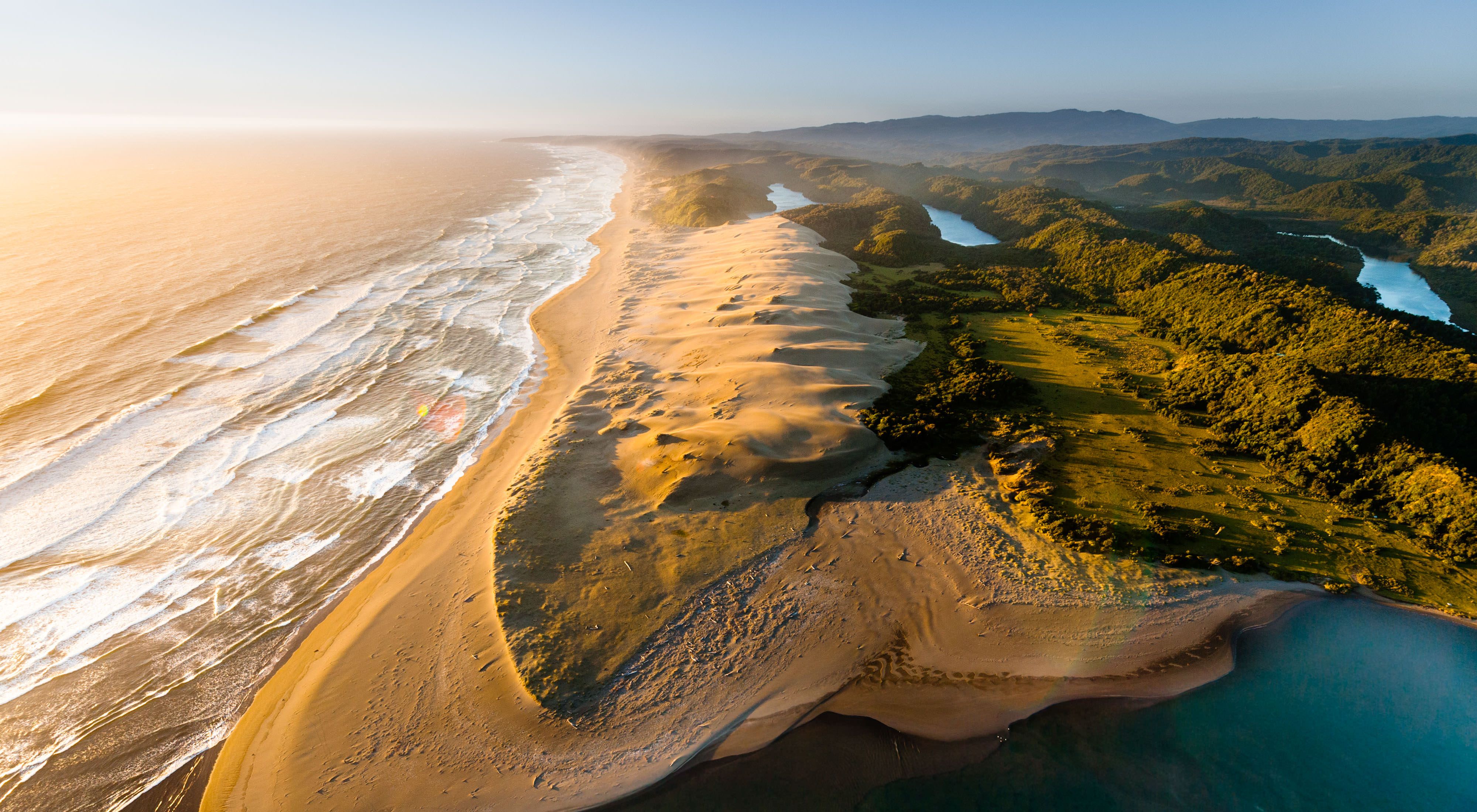 aerieal view of waves, sand and lush forest