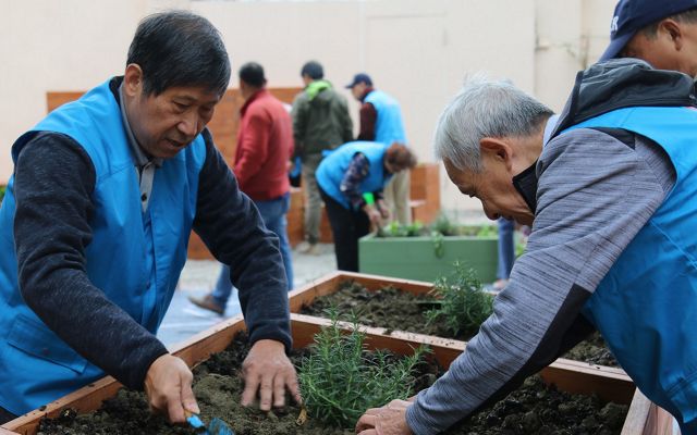Two volunteers maintaining a raised bed in a habitat garden.