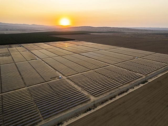 An agricultural field contains rows of solar panels.