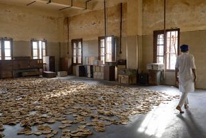 Leftover roti breads are spread on the floor of the Golden Temple.