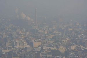 A thick haze hangs over Delhi, India.