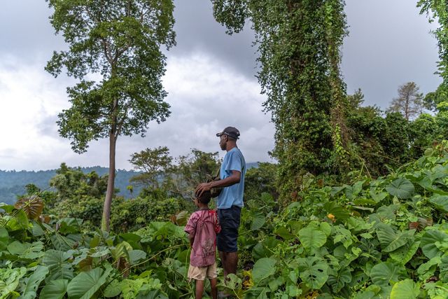 Father and child (Jerry Tome & Martinus Kamit) overlooking forest area uphill Malas Village, Madang Province, Papua New Guinea.