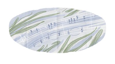An illustration of a flowing stream with sheet music and notes floating through it. 