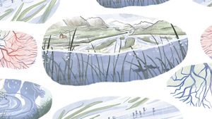 Watercolor painting of water and land. 