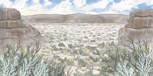 Illustration of a coulee or a dry ravine between two rock outcroppings.