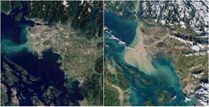 Two satellite images of floodplains.