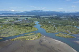 Aerial view of floodplains with mountains in the distance.