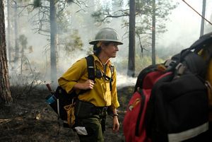 A person dressed in fire gear working in the forest.