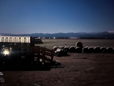 A cattle trailer with a ramp extending from it stands in a wide, flat dirt area at dusk.