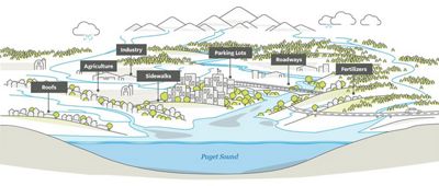 Illustration of sources of water pollution in a city.